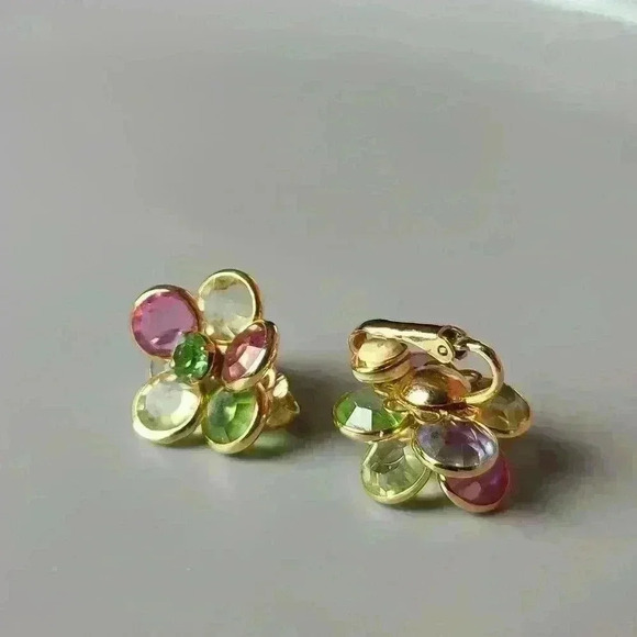 Vintage colorful glass flowers rhinestone gold tone earrings clip-on - Picture 2 of 12